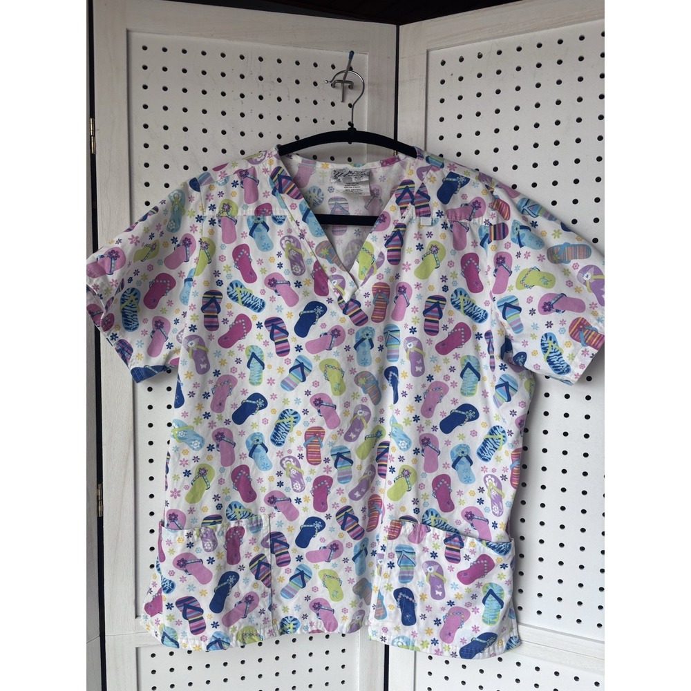 UA Scrub Top Flip Flops Print V Neck Summer Short SLV Women's Lg Cotton‎ Blend